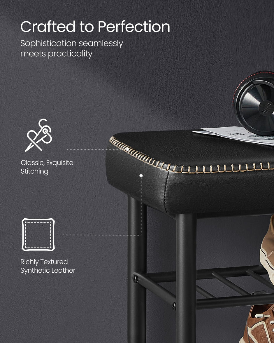 Shoe Bench – Synthetic Leather – Ink Black – Mid-Century Modern Design with Storage