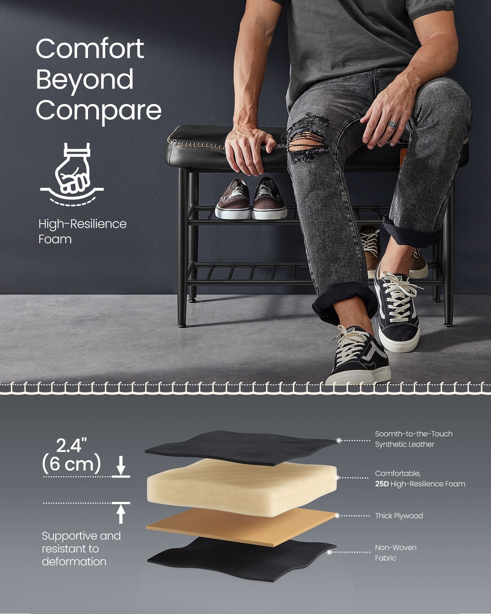 Shoe Bench – Synthetic Leather – Ink Black – Mid-Century Modern Design with Storage