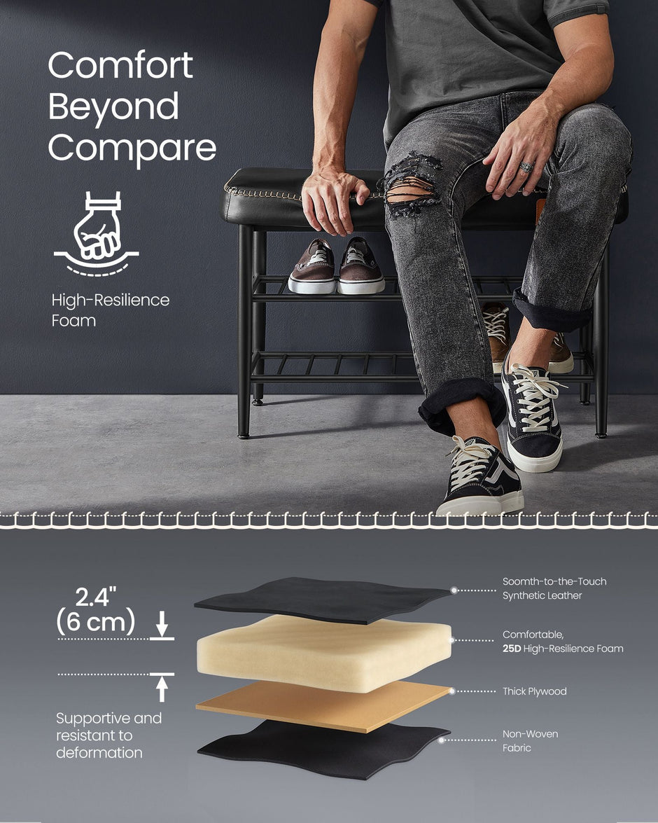 Shoe Bench – Synthetic Leather – Ink Black – Mid-Century Modern Design with Storage