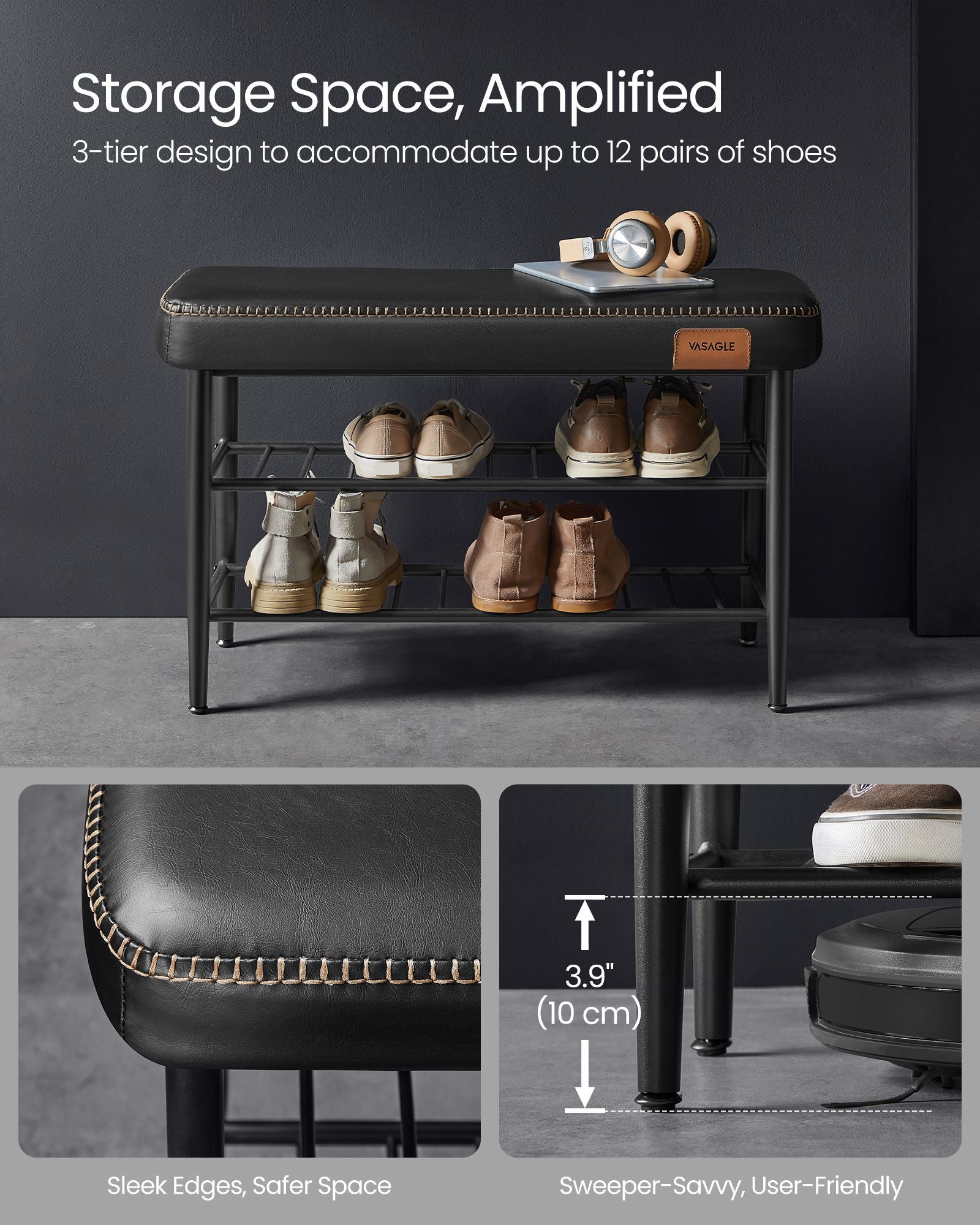 Shoe Bench – Synthetic Leather – Ink Black – Mid-Century Modern Design with Storage