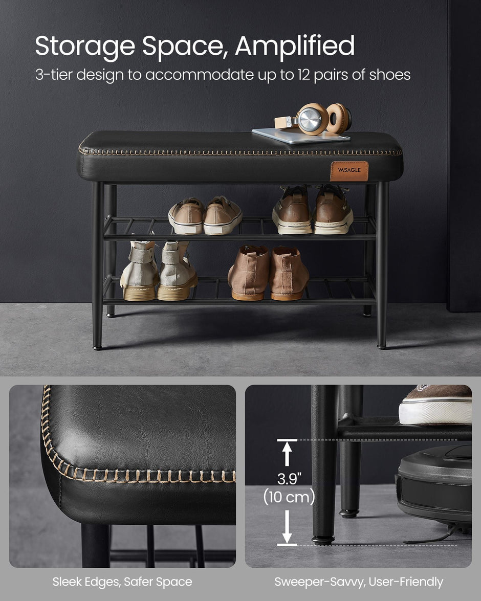 Shoe Bench – Synthetic Leather – Ink Black – Mid-Century Modern Design with Storage