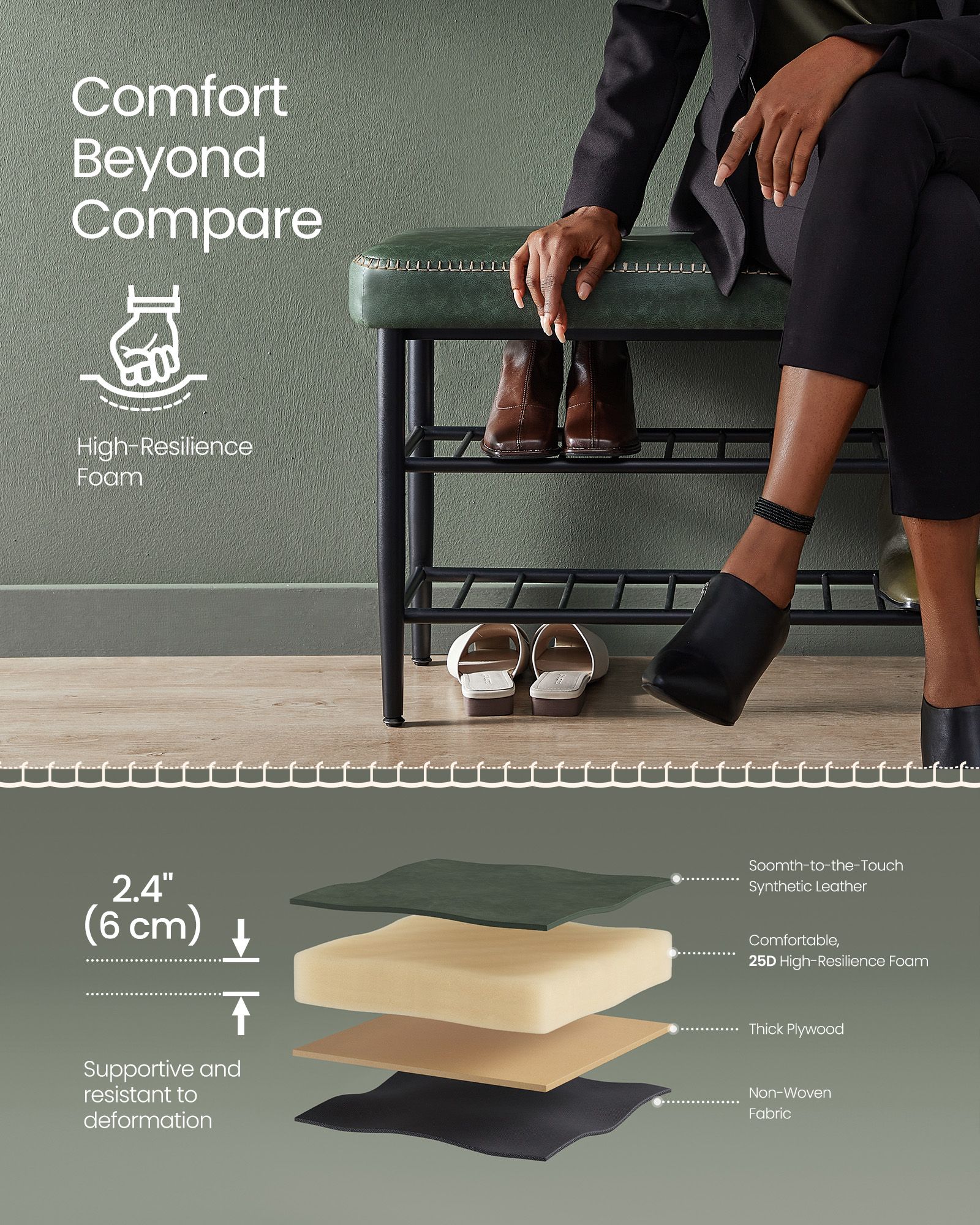 Shoe Bench – Synthetic Leather – Brown – Mid-Century Modern with Storage and Shoe Rack Features