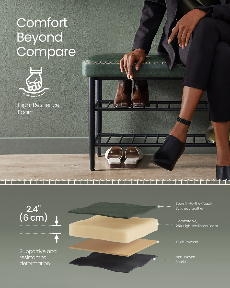 Shoe Bench – Synthetic Leather – Brown – Mid-Century Modern with Storage and Shoe Rack Features