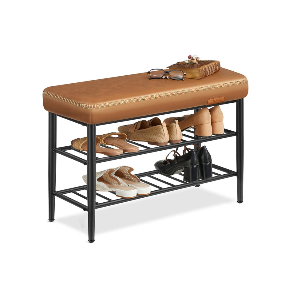 Shoe Rack Bench – Synthetic Leather – Brown – Mid-Century Modern Design, 135 kg Load Capacity