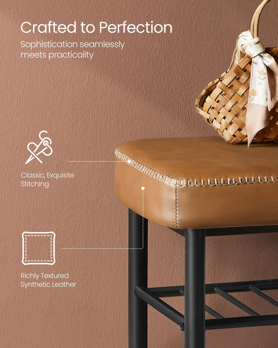 Shoe Bench – Synthetic Leather – Caramel Brown – Mid-Century Modern Design with Storage Capacity