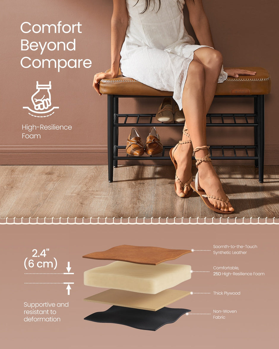 Shoe Bench – Synthetic Leather – Caramel Brown – Mid-Century Modern Design with Storage Capacity