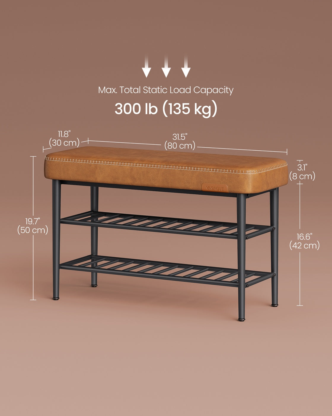 Shoe Rack Bench – Synthetic Leather – Brown – Mid-Century Modern Design, 135 kg Load Capacity