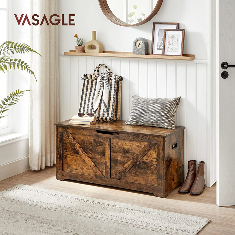 Storage Chest – Wood – Rustic Brown – Safety Hinges, Multifunctional Bench
