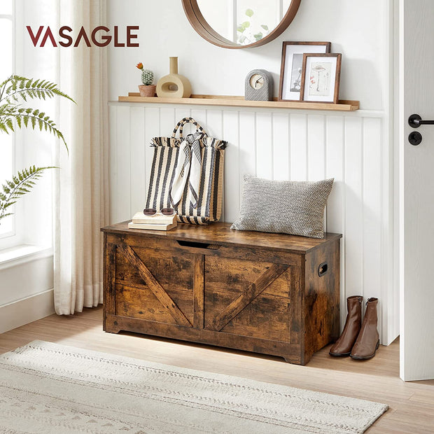 Storage Chest – Wood – Rustic Brown – Safety Hinges, Multifunctional Bench