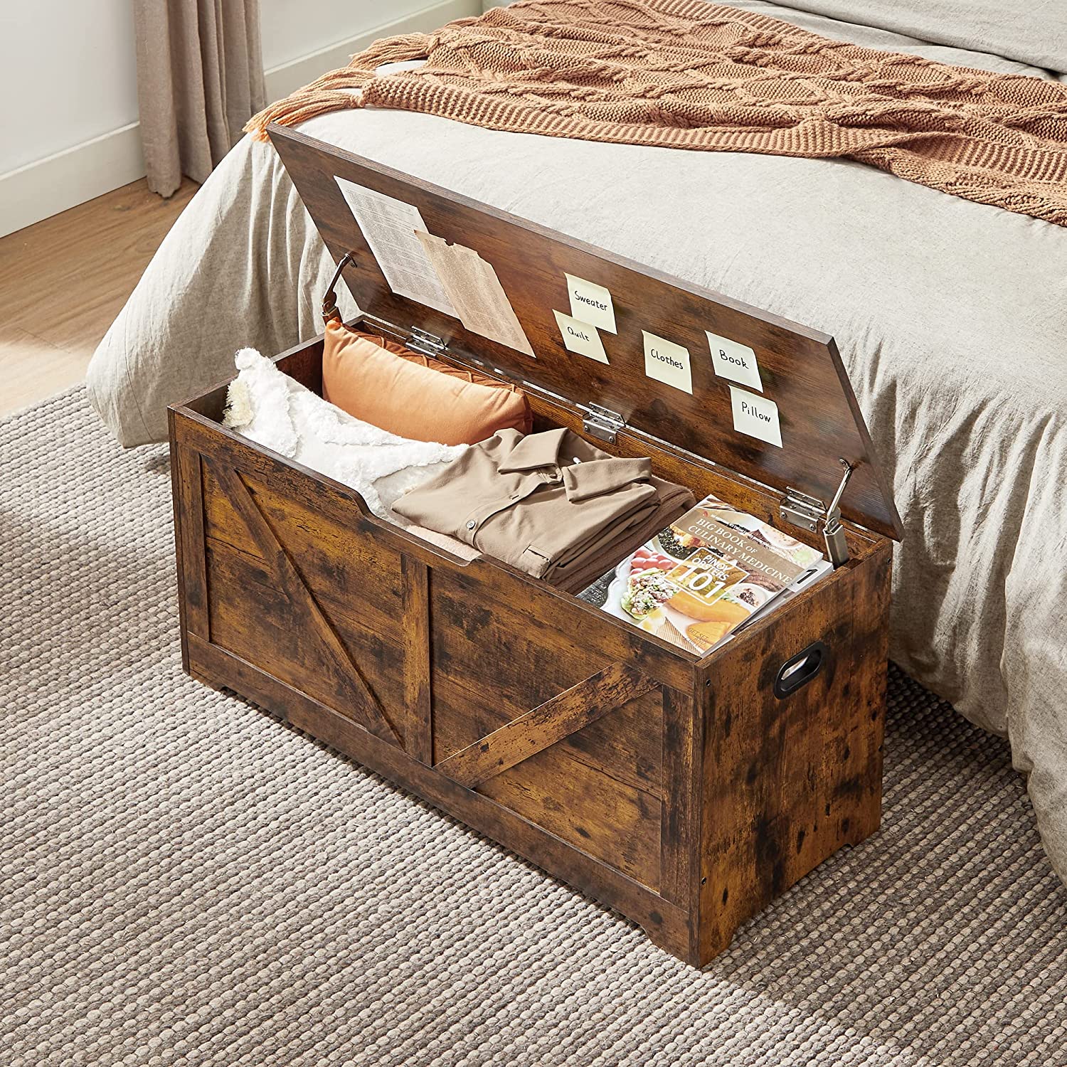 Storage Chest – Wood – Rustic Brown – Safety Hinges, Multifunctional Bench