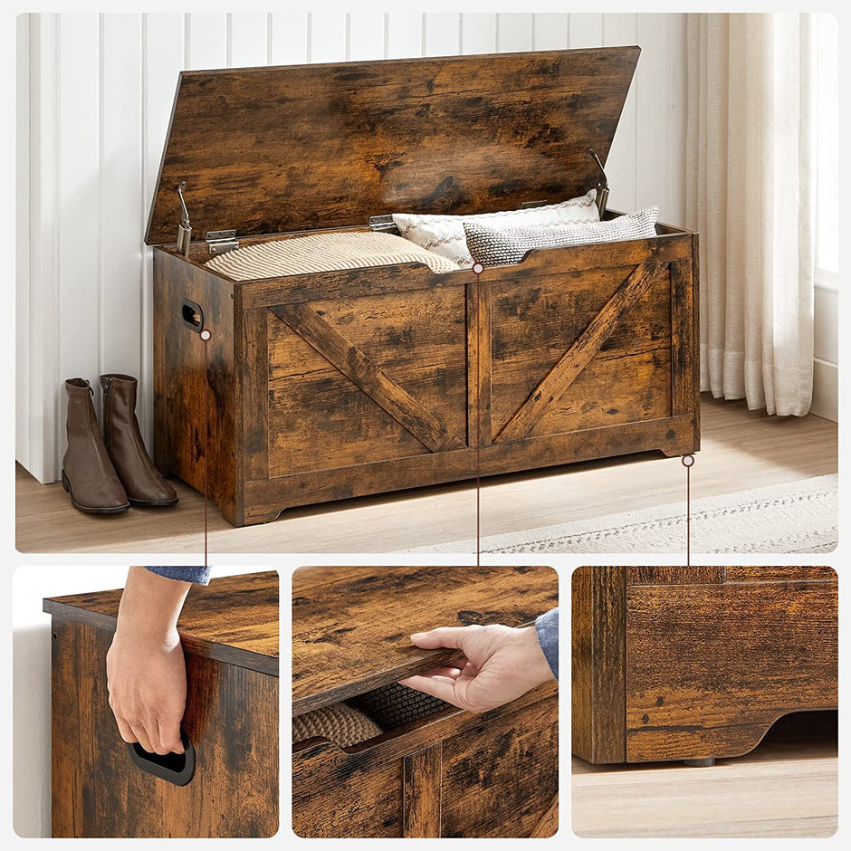 Storage Chest – Wood – Rustic Brown – Safety Hinges, Multifunctional Bench