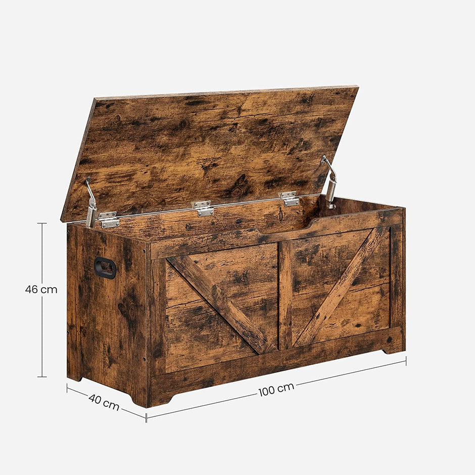 Storage Chest – Wood – Rustic Brown – Safety Hinges, Multifunctional Bench