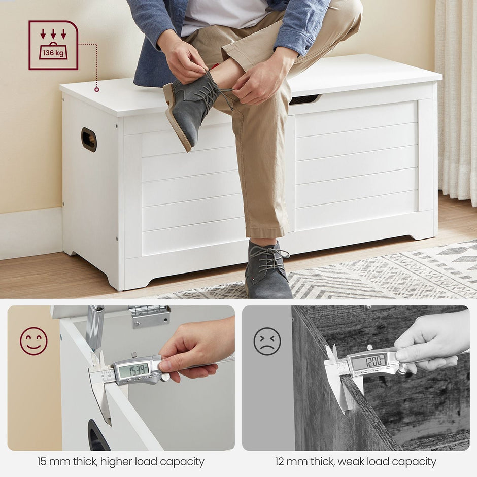 Storage Bench – Engineered Wood – Matte White – Safety Hinges, Rustic Style