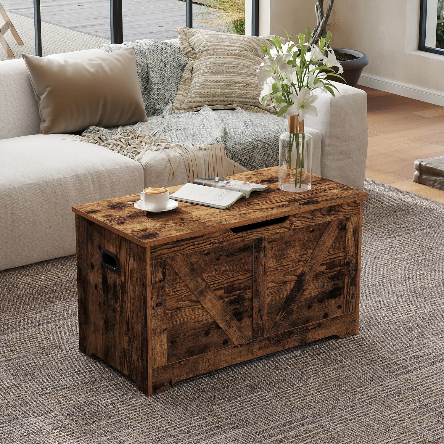 Storage Chest – Wood – Rustic Brown – Farmhouse Style with Safety Hinges and Bench Functionality