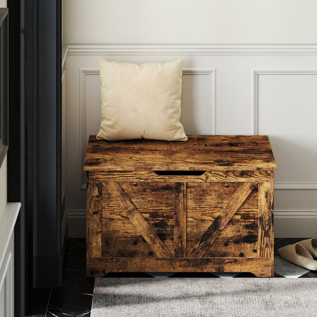 Storage Chest – Wood – Rustic Brown – Farmhouse Style with Safety Hinges and Bench Functionality