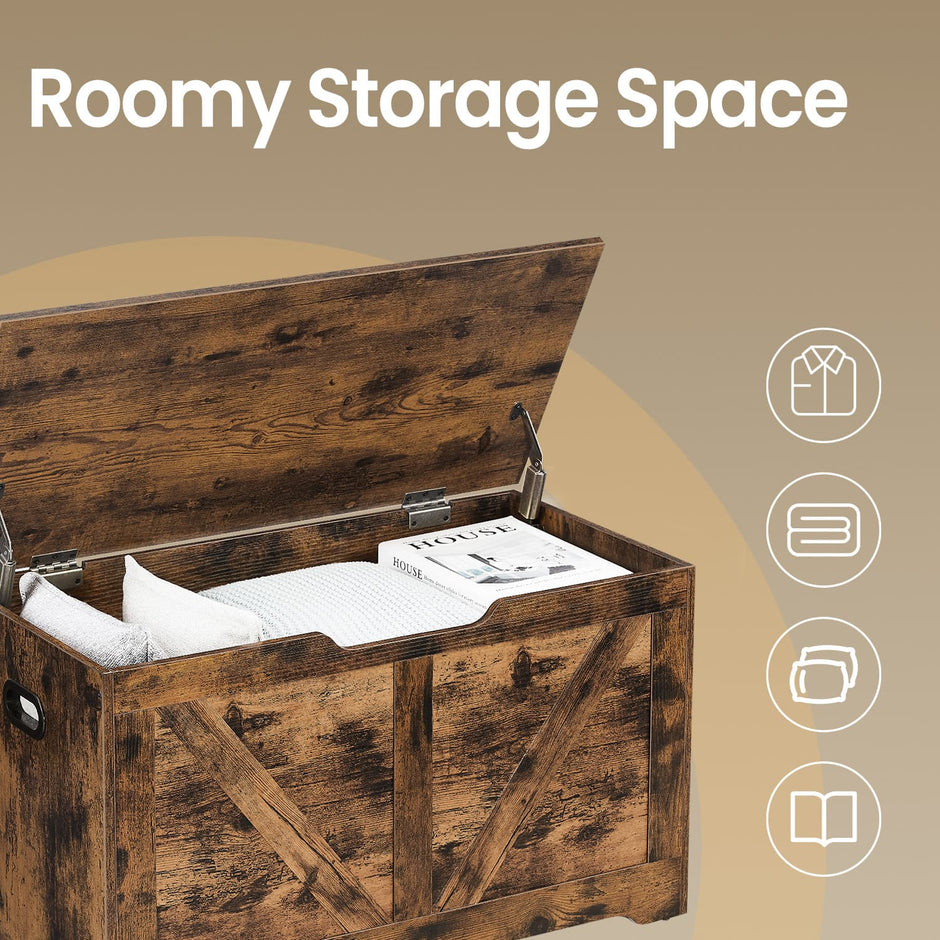 Storage Chest – Wood – Rustic Brown – Farmhouse Style with Safety Hinges and Bench Functionality
