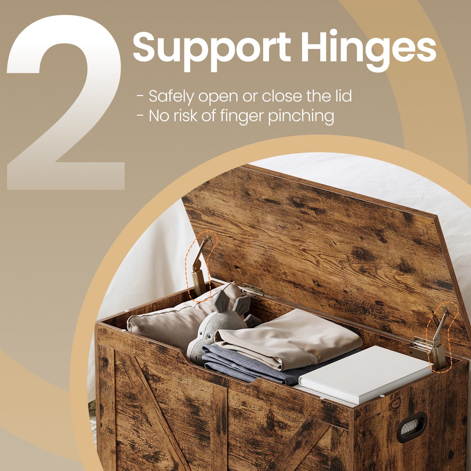 Storage Chest – Wood – Rustic Brown – Farmhouse Style with Safety Hinges and Bench Functionality