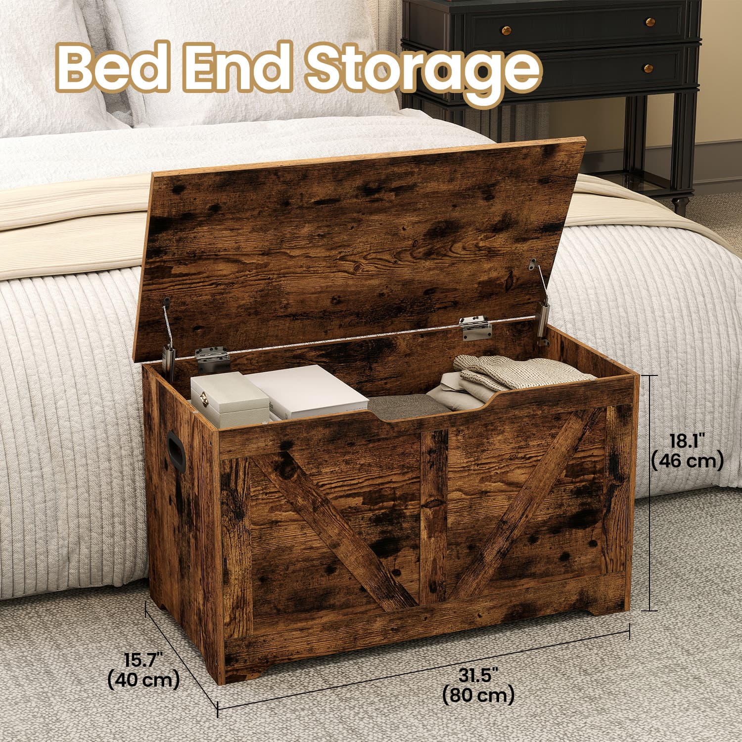 Storage Chest – Wood – Rustic Brown – Farmhouse Style with Safety Hinges and Bench Functionality