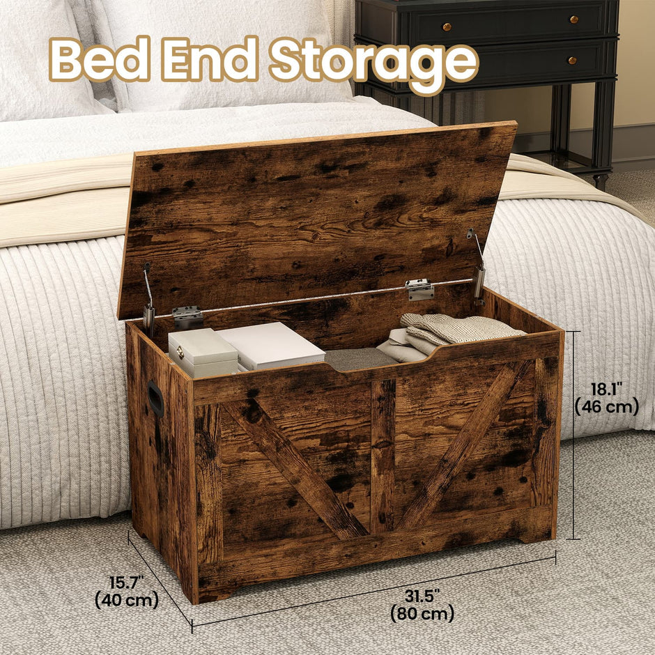 Storage Chest – Wood – Rustic Brown – Farmhouse Style with Safety Hinges and Bench Functionality