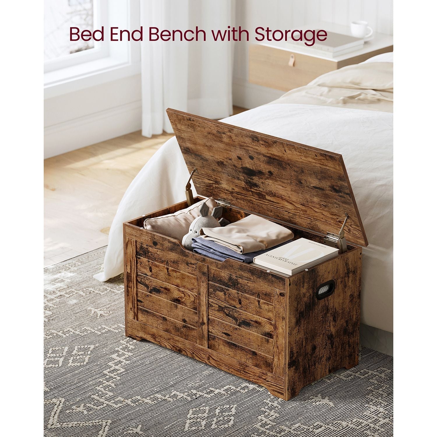 Storage Chest – Wood – Rustic Brown – Safety Hinges, Shoe Storage Bench