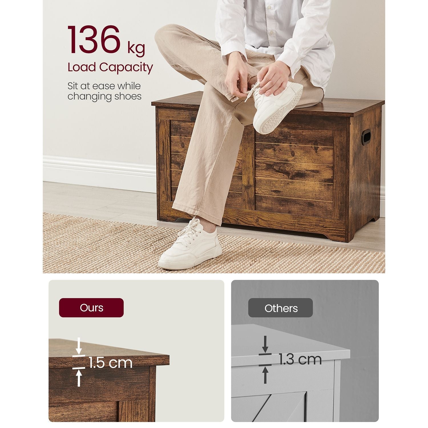 Storage Chest – Wood – Rustic Brown – Safety Hinges, Shoe Storage Bench