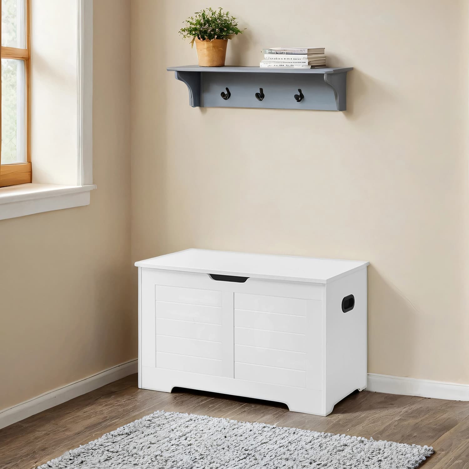 Storage Chest – Wood – Cloud White – With Safety Hinges and Storage Bench Functionality