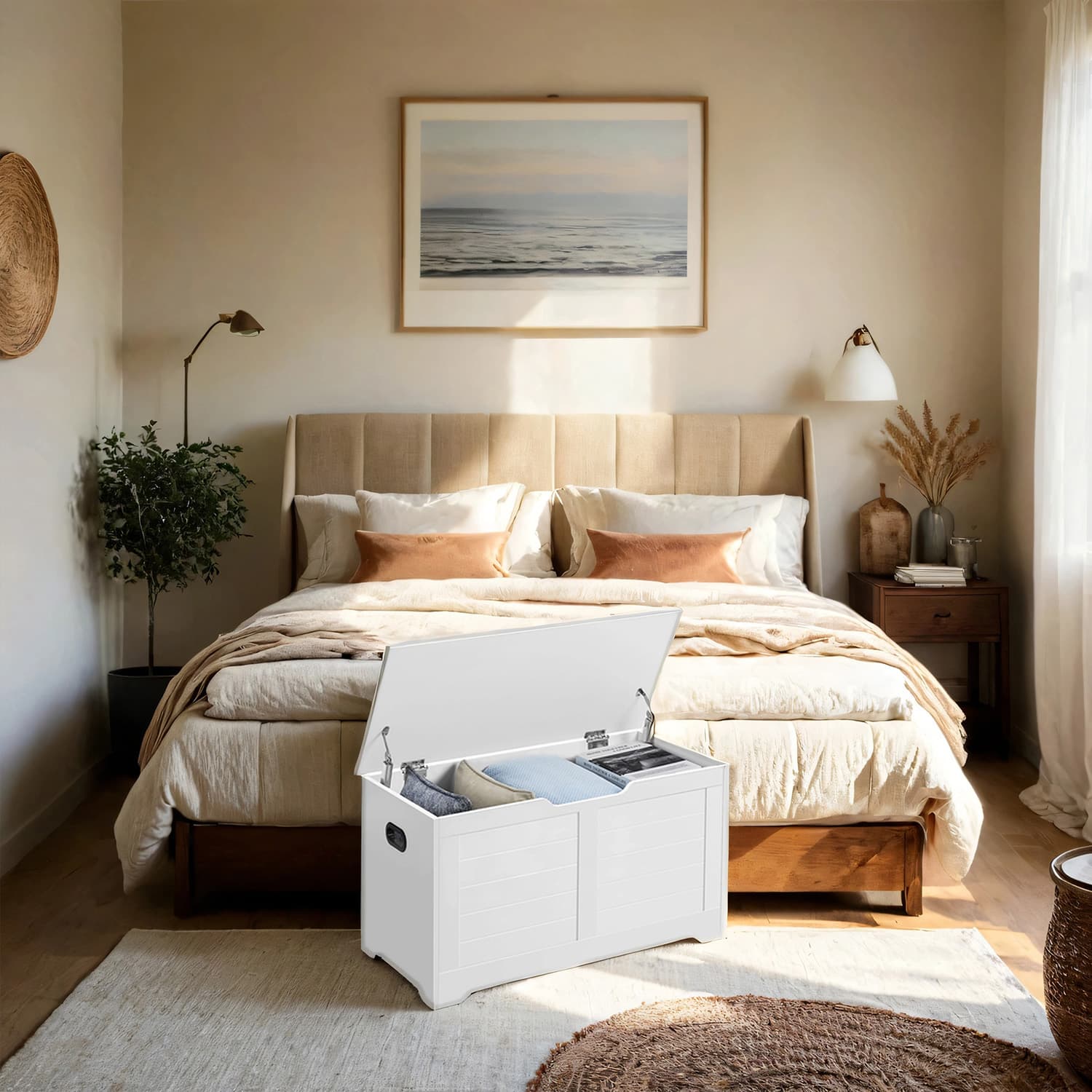 Storage Chest – Wood – Cloud White – With Safety Hinges and Storage Bench Functionality