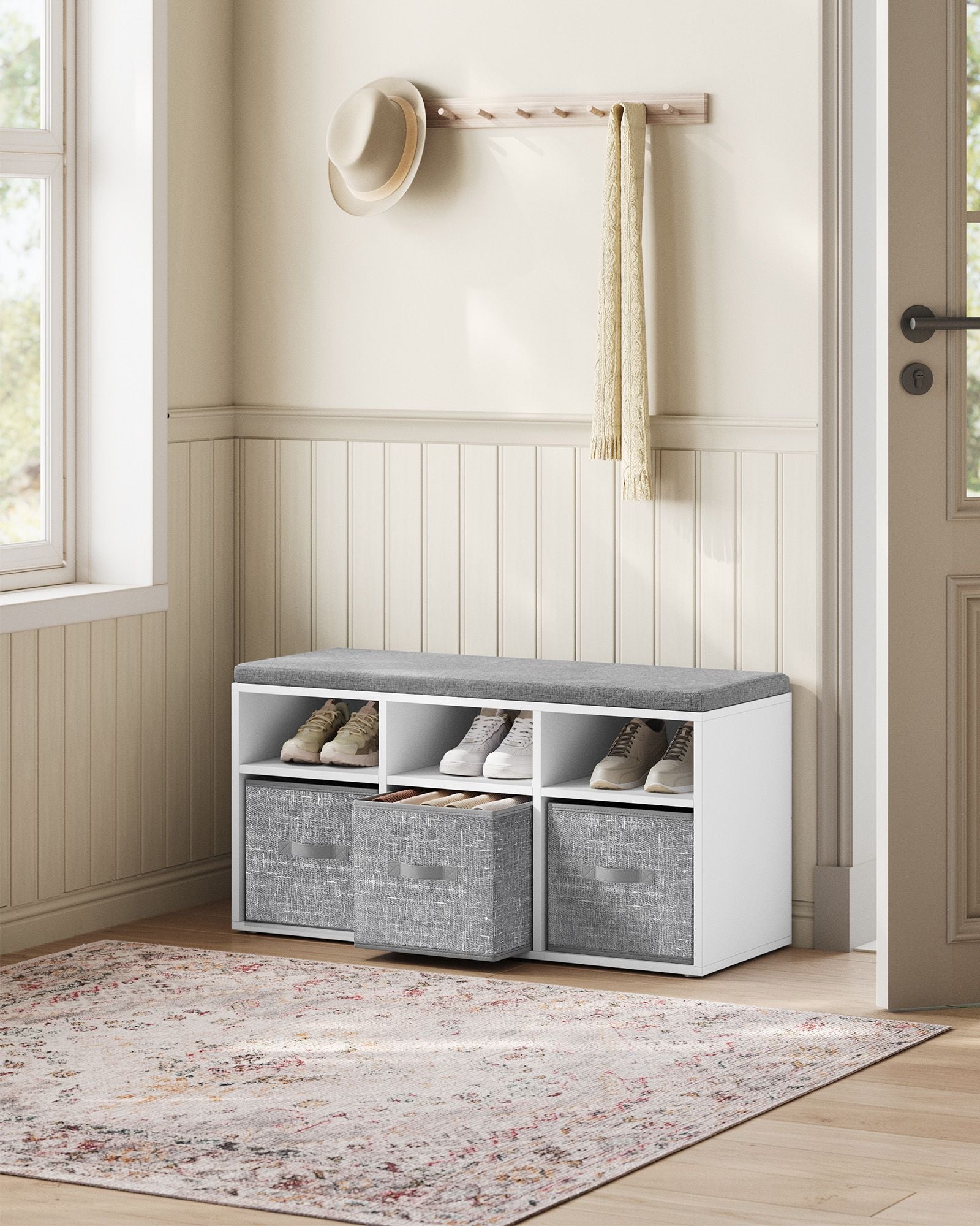 Shoe Bench – Wood – Cloud White – Cushioned Top with Adjustable Shelves