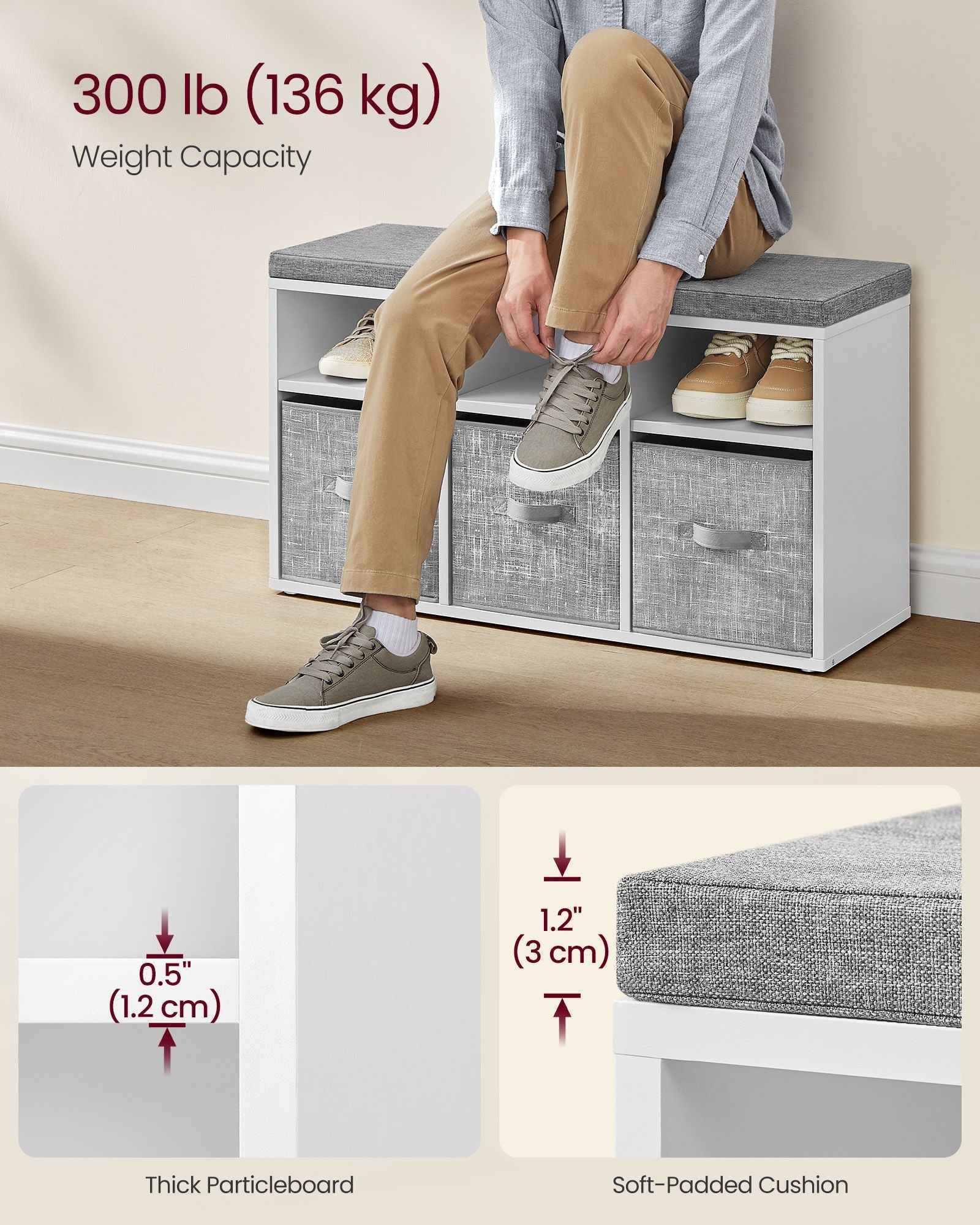Shoe Bench – Wood – Cloud White – Cushioned Top with Adjustable Shelves
