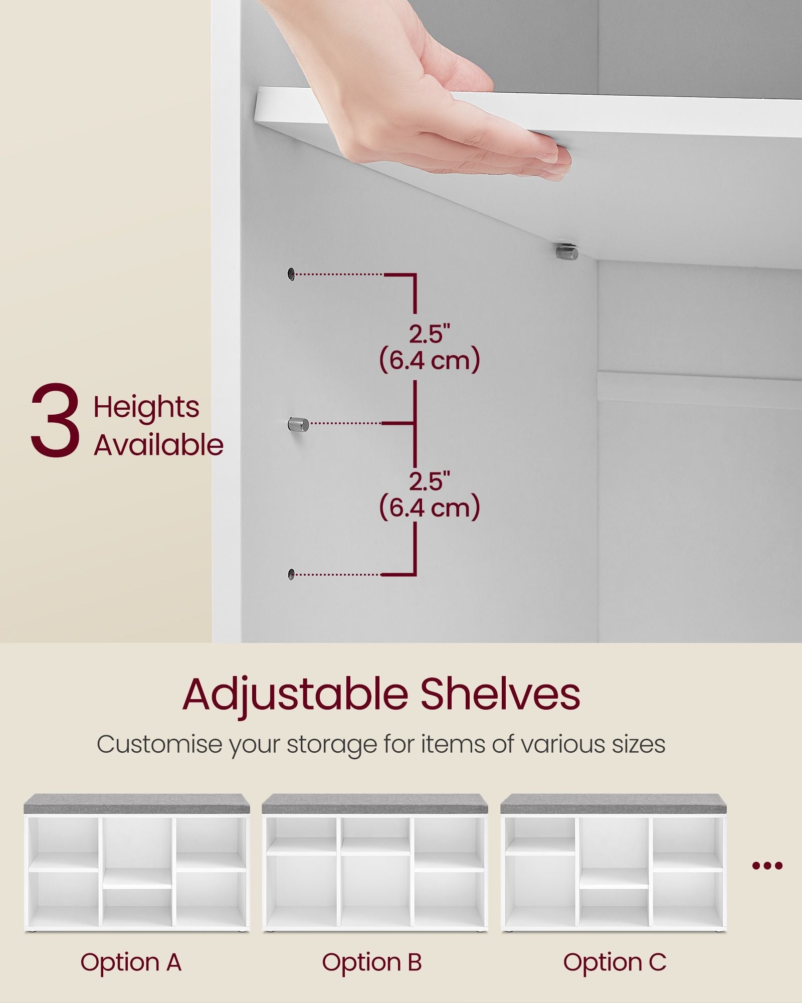 Shoe Bench – Wood – Cloud White – Cushioned Top with Adjustable Shelves