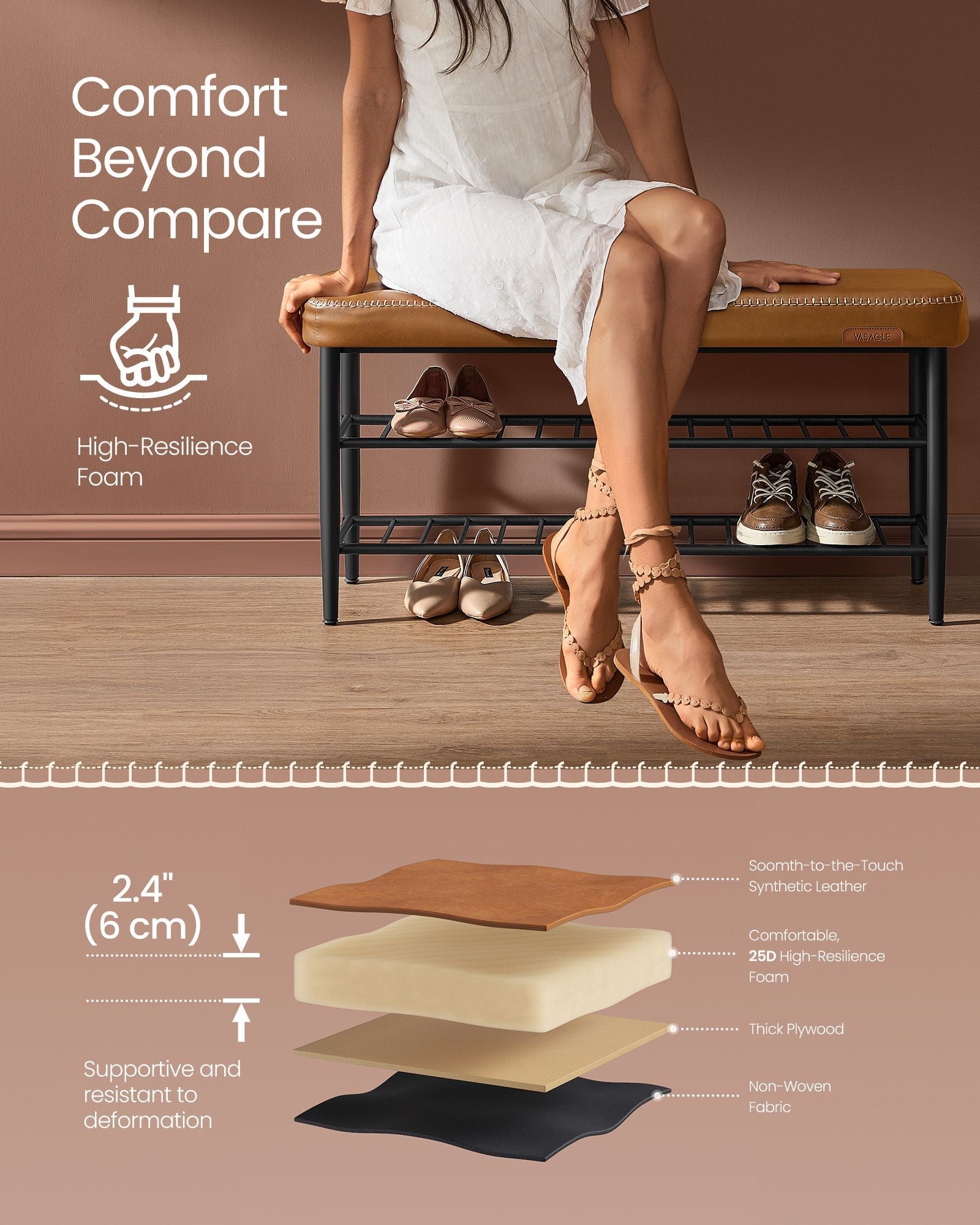 Shoe Bench – Synthetic Leather – Brown – Mid-Century Modern Design with Storage 30 x 100 x 50 cm
