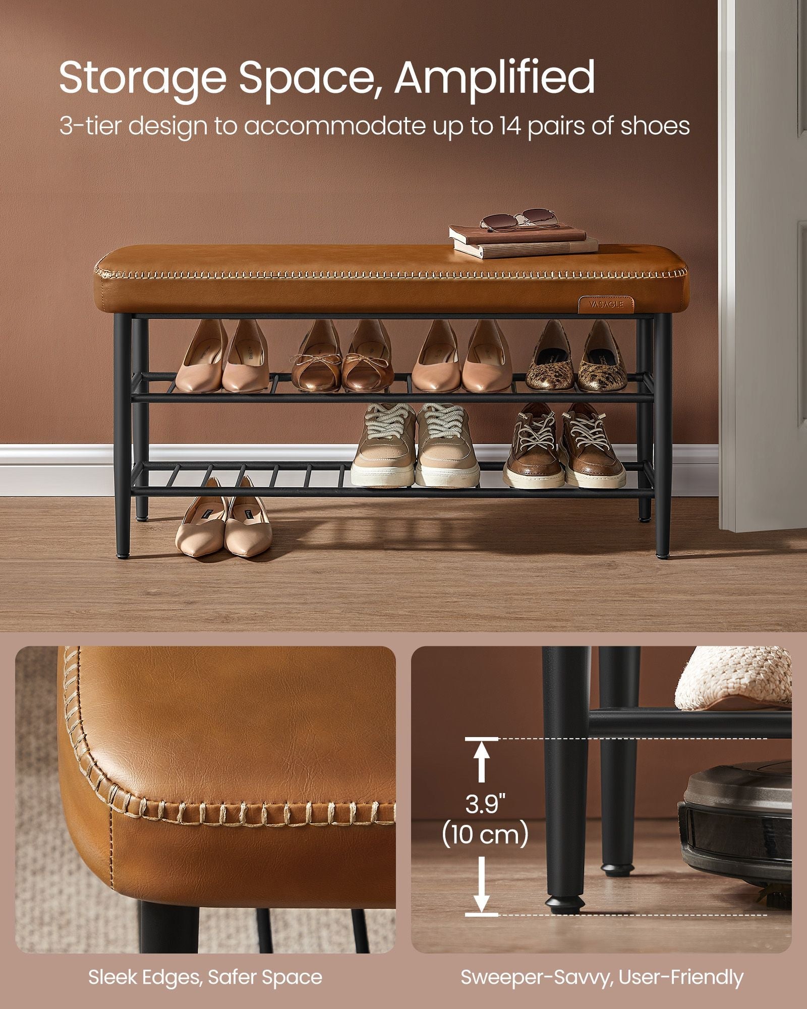 Shoe Bench – Synthetic Leather – Brown – Mid-Century Modern Design with Storage 30 x 100 x 50 cm