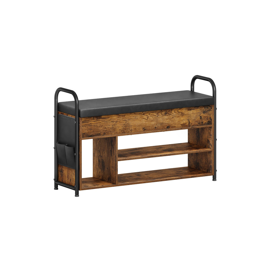 Shoe Storage Bench – Wood and Fabric – Rustic Brown and Ink Black – Inner Storage with PU Pockets and Handles