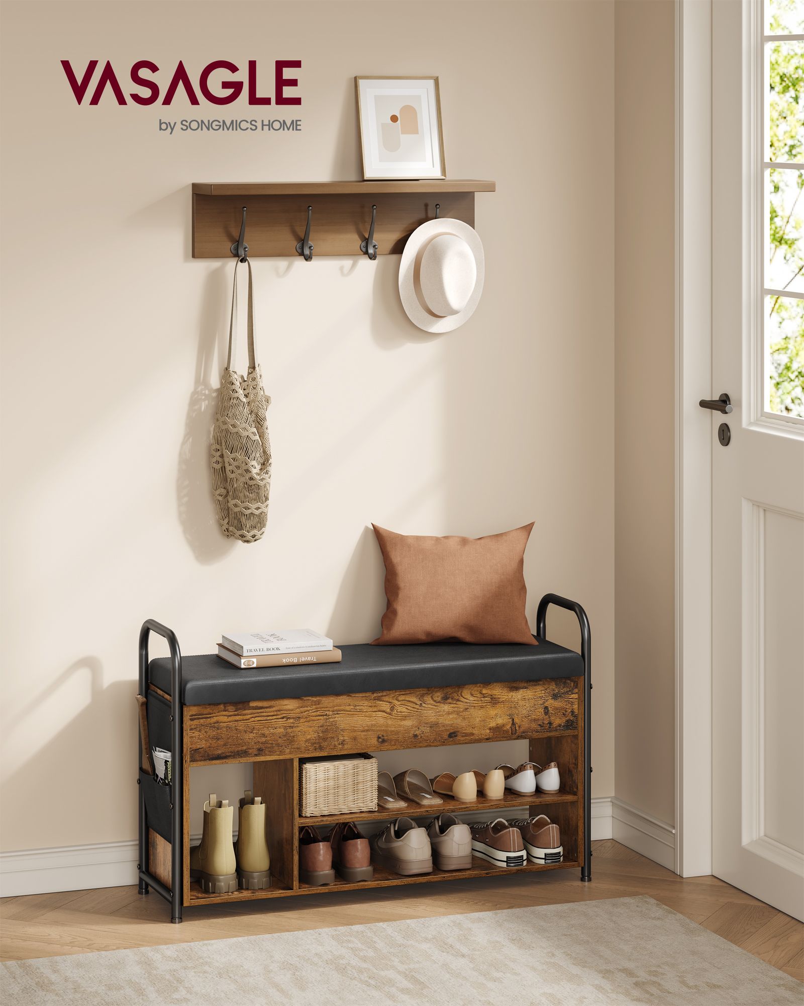 Shoe Storage Bench – Wood and Fabric – Rustic Brown and Ink Black – Inner Storage with PU Pockets and Handles