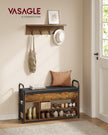Shoe Storage Bench – Wood and Fabric – Rustic Brown and Ink Black – Inner Storage with PU Pockets and Handles