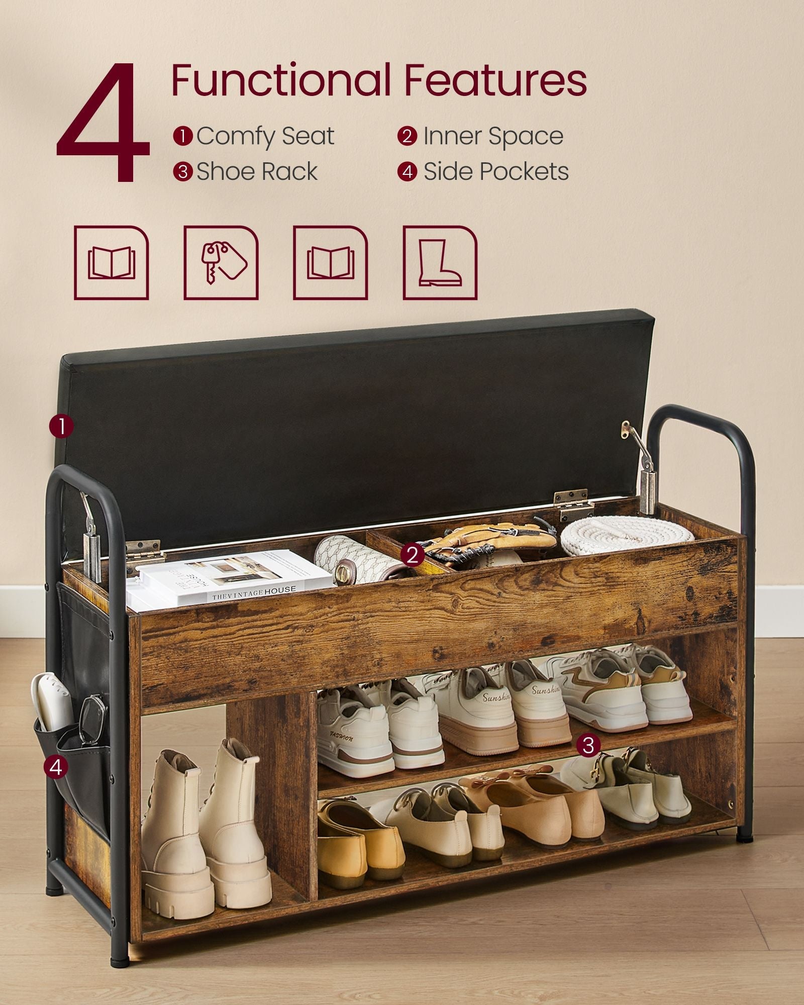 Shoe Storage Bench – Wood and Fabric – Rustic Brown and Ink Black – Inner Storage with PU Pockets and Handles