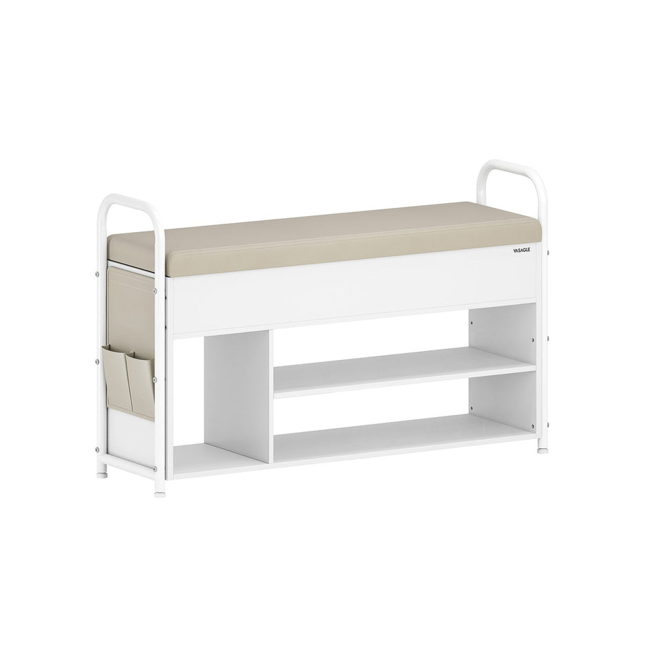 Shoe Rack – Wood – Rustic Brown and Ink Black – Storage Bench with Inner Compartment and PU Pockets