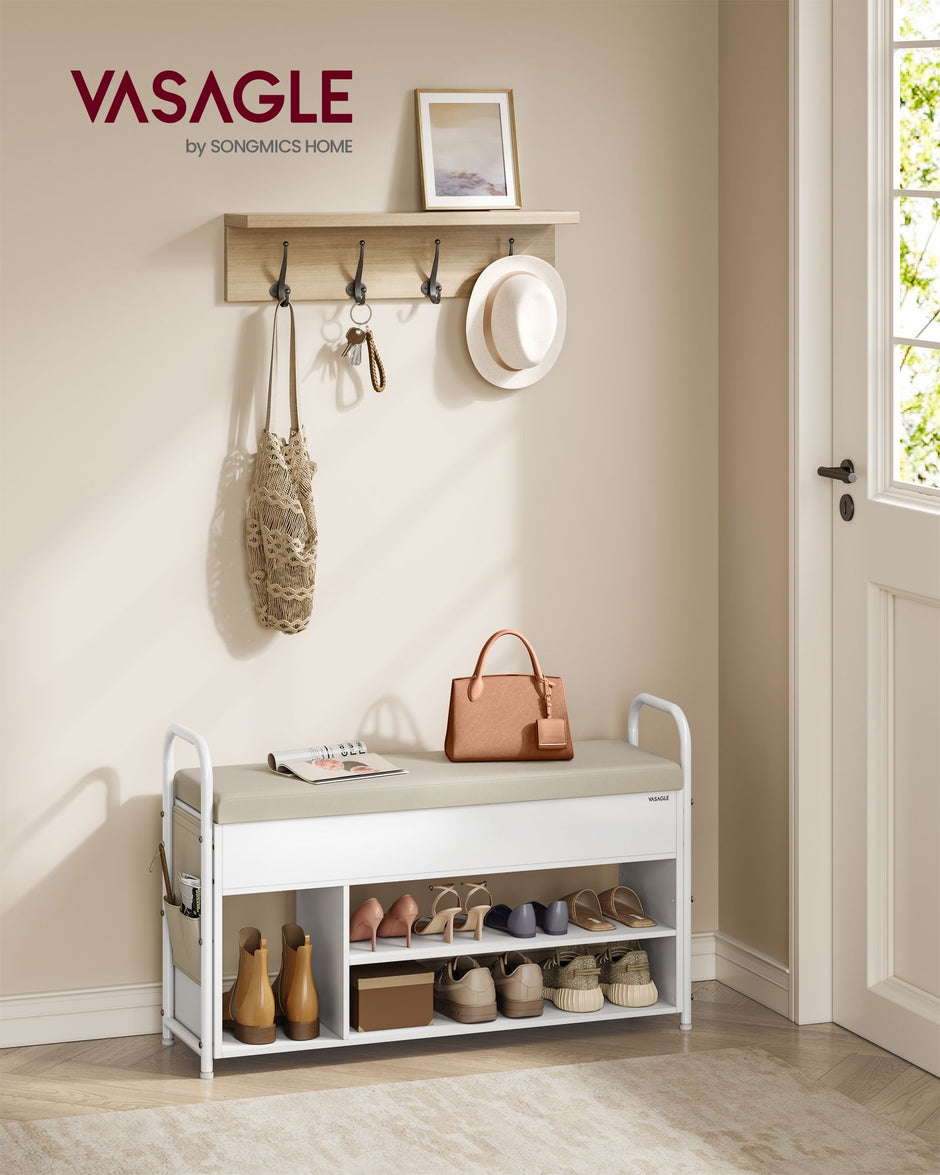 Shoe Rack – Wood – Rustic Brown and Ink Black – Storage Bench with Inner Compartment and PU Pockets