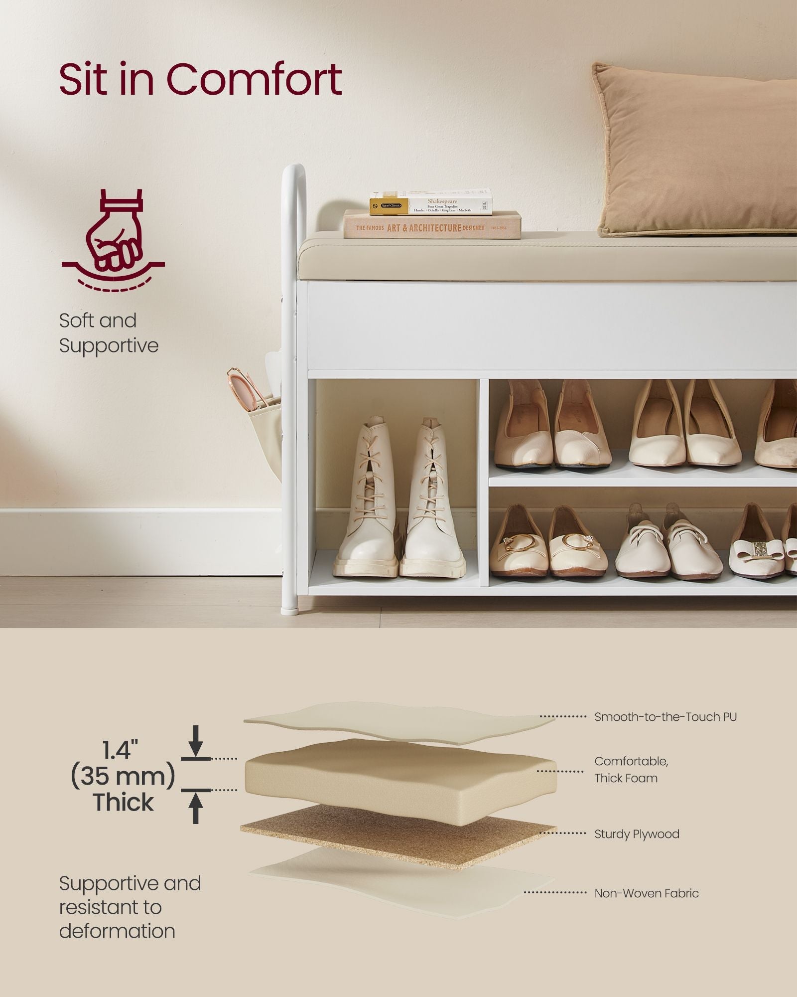 Shoe Rack – Wood – Rustic Brown and Ink Black – Storage Bench with Inner Compartment and PU Pockets