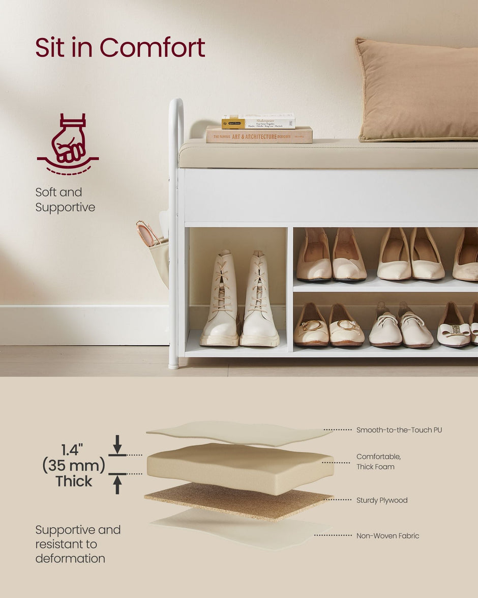 Shoe Rack – Wood – Rustic Brown and Ink Black – Storage Bench with Inner Compartment and PU Pockets