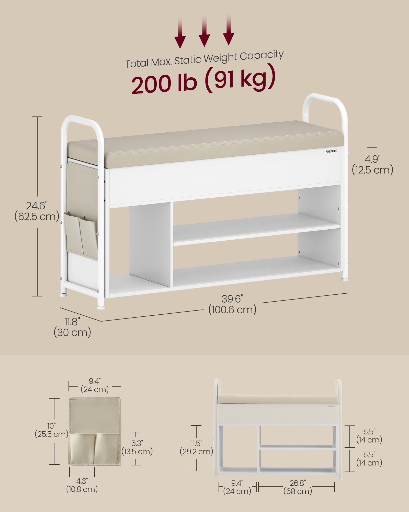 Shoe Rack – Wood – Rustic Brown and Ink Black – Storage Bench with Inner Compartment and PU Pockets
