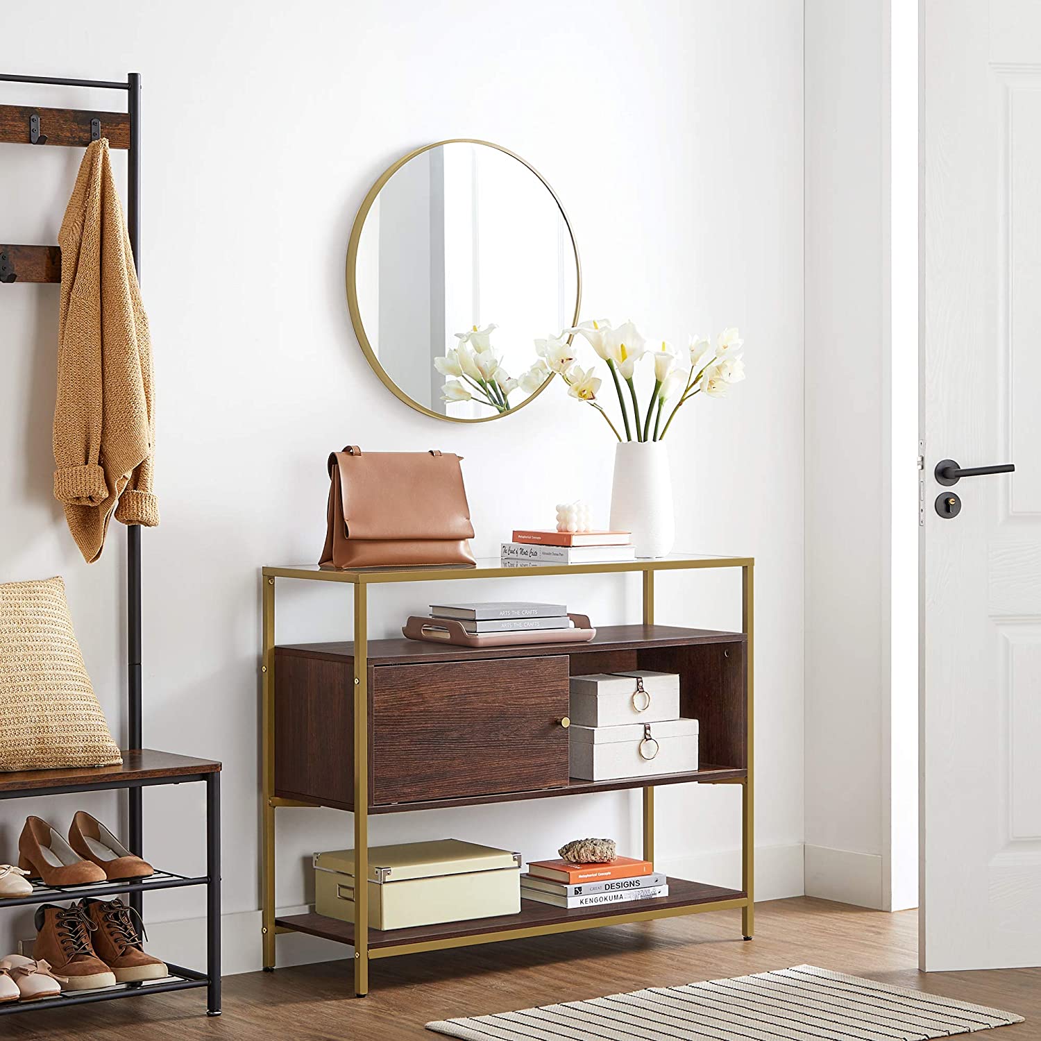 Sideboard – Glass & Metal – Chocolate Brown and Matte Gold – Sliding Door and Open Shelf