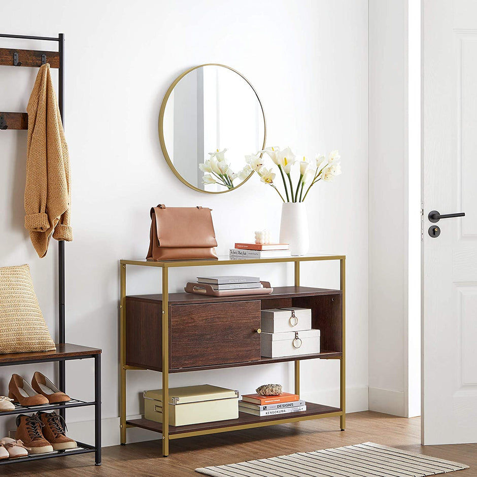 Sideboard – Glass & Metal – Chocolate Brown and Matte Gold – Sliding Door and Open Shelf