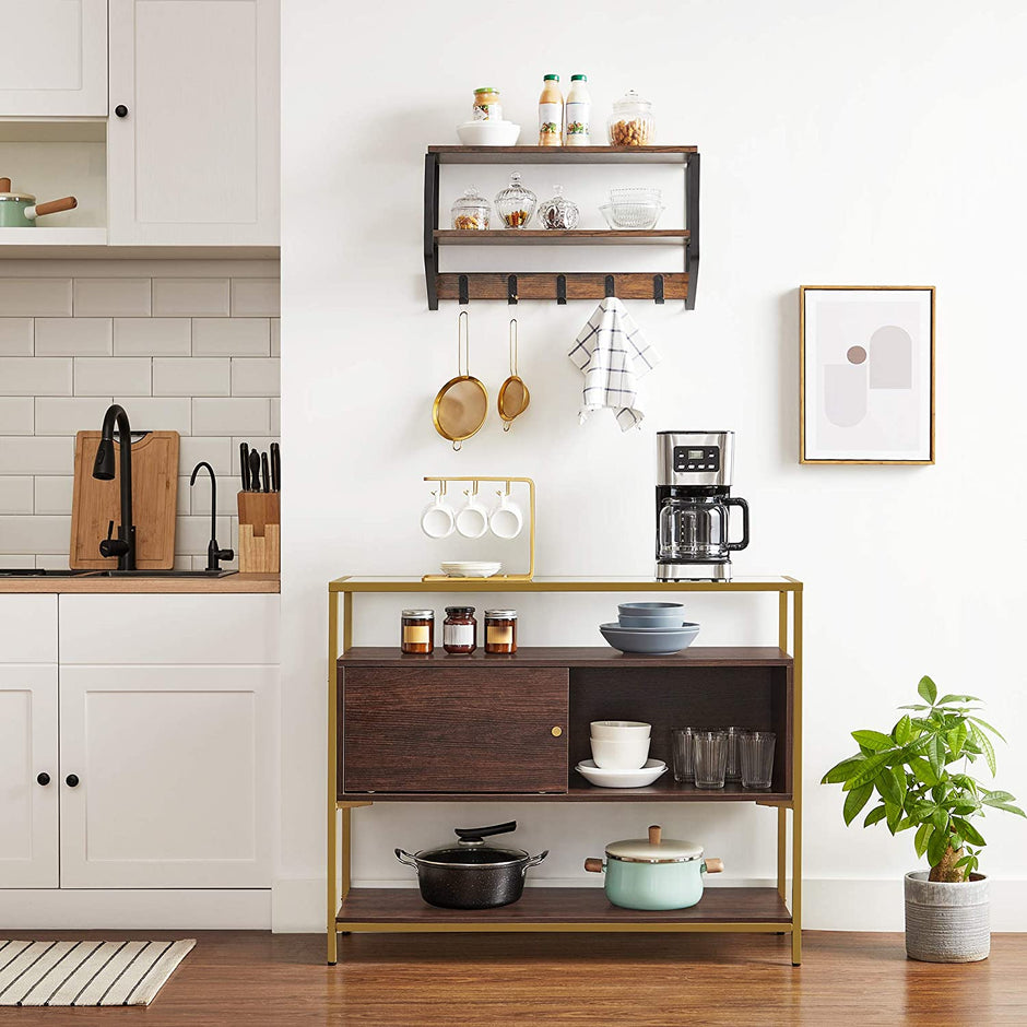 Sideboard – Glass & Metal – Chocolate Brown and Matte Gold – Sliding Door and Open Shelf