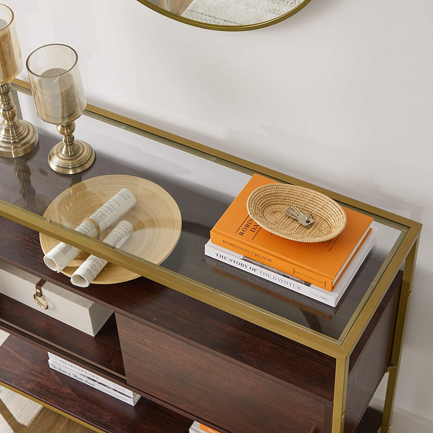 Sideboard – Glass & Metal – Chocolate Brown and Matte Gold – Sliding Door and Open Shelf