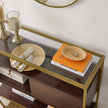 Sideboard – Glass & Metal – Chocolate Brown and Matte Gold – Sliding Door and Open Shelf