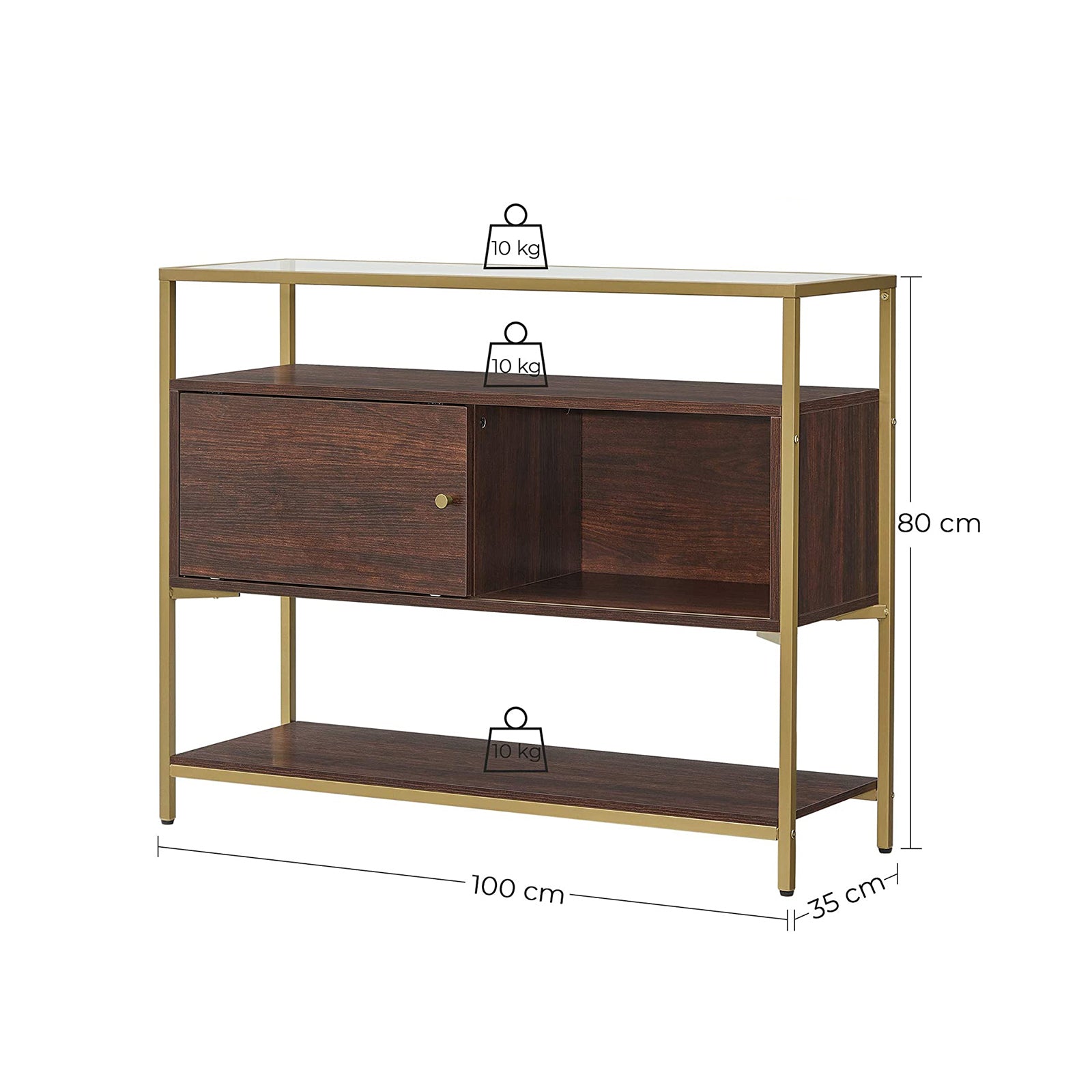 Sideboard – Glass & Metal – Chocolate Brown and Matte Gold – Sliding Door and Open Shelf