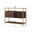 Sideboard – Glass & Metal – Chocolate Brown and Matte Gold – Sliding Door and Open Shelf
