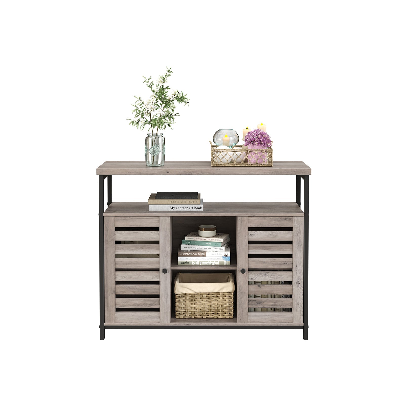 Standing Cabinet – Wood – Greige and Black – Multi-functional Storage with Louvred Doors