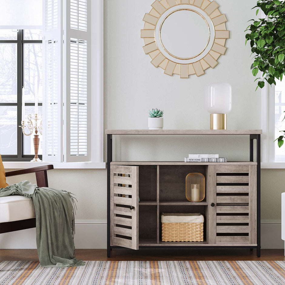 Standing Cabinet – Wood – Greige and Black – Multi-functional Storage with Louvred Doors